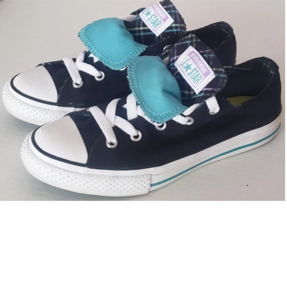BNWT CTAS Converse Double Tongue Jet Black Aqua Plaid 655324F (Jr. 4.5) KICKS